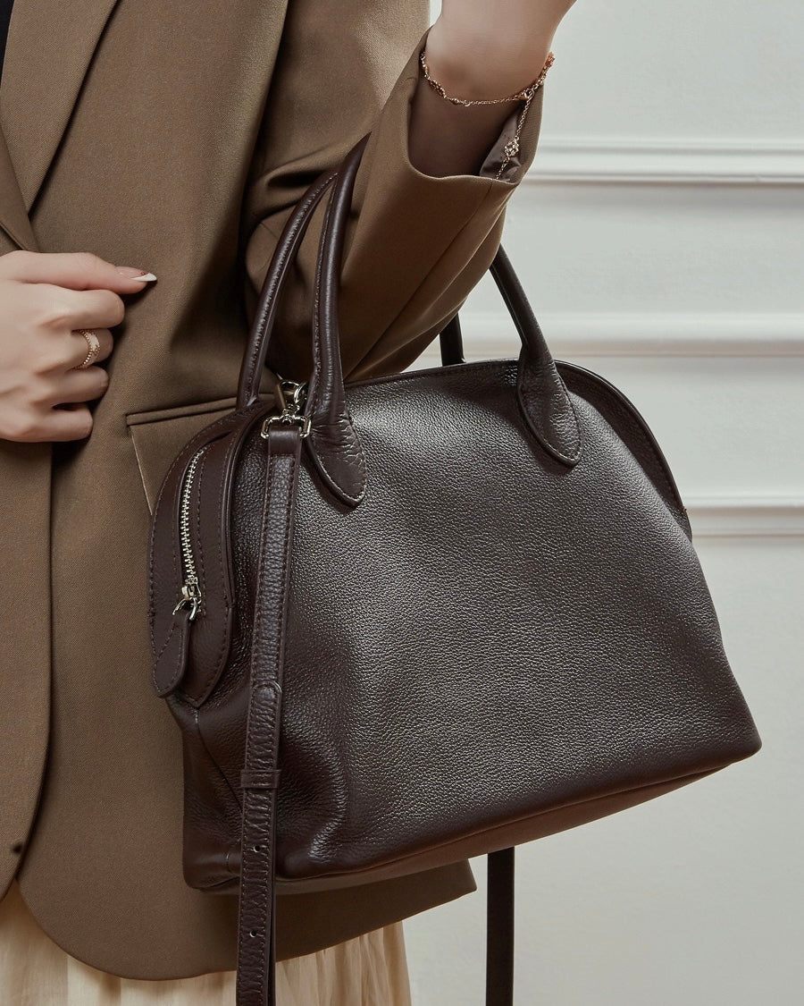 Women's Genuine Leather Grained Dome Bowling Bag