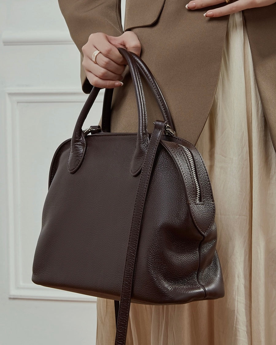 Women's Genuine Leather Grained Dome Bowling Bag