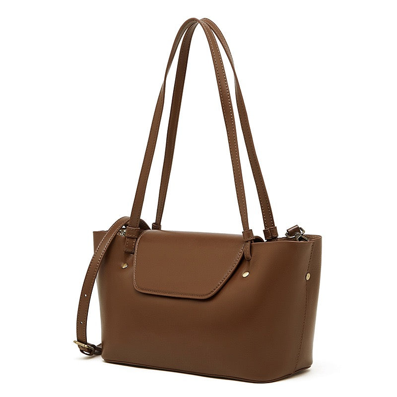 Women's Genuine Leather Flap Shoulder Tote with Dual Straps
