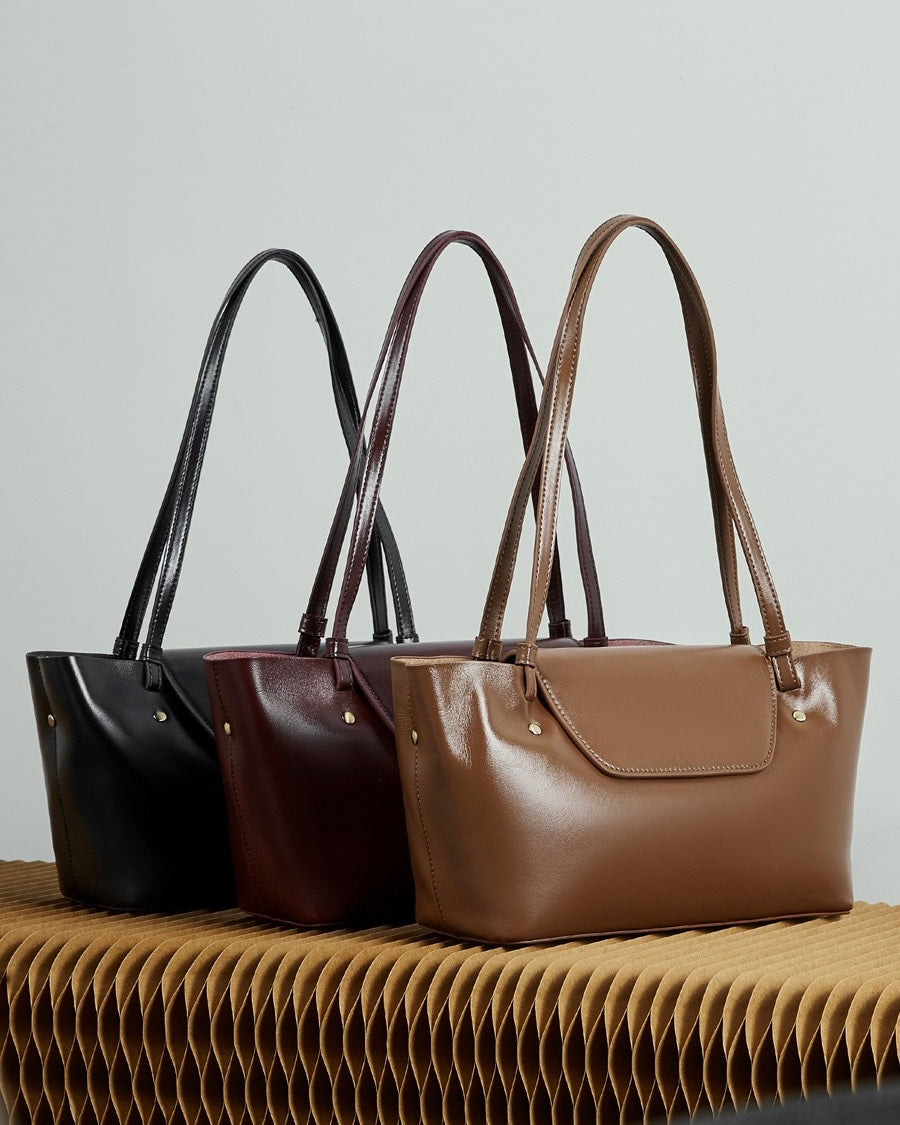 Women's Genuine Leather Flap Shoulder Tote with Dual Straps