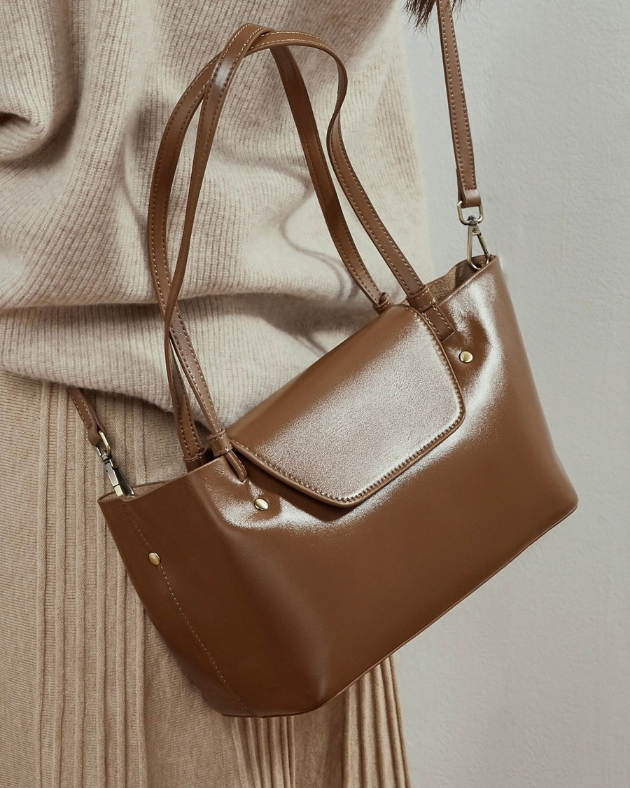 Women's Genuine Leather Flap Shoulder Tote with Dual Straps