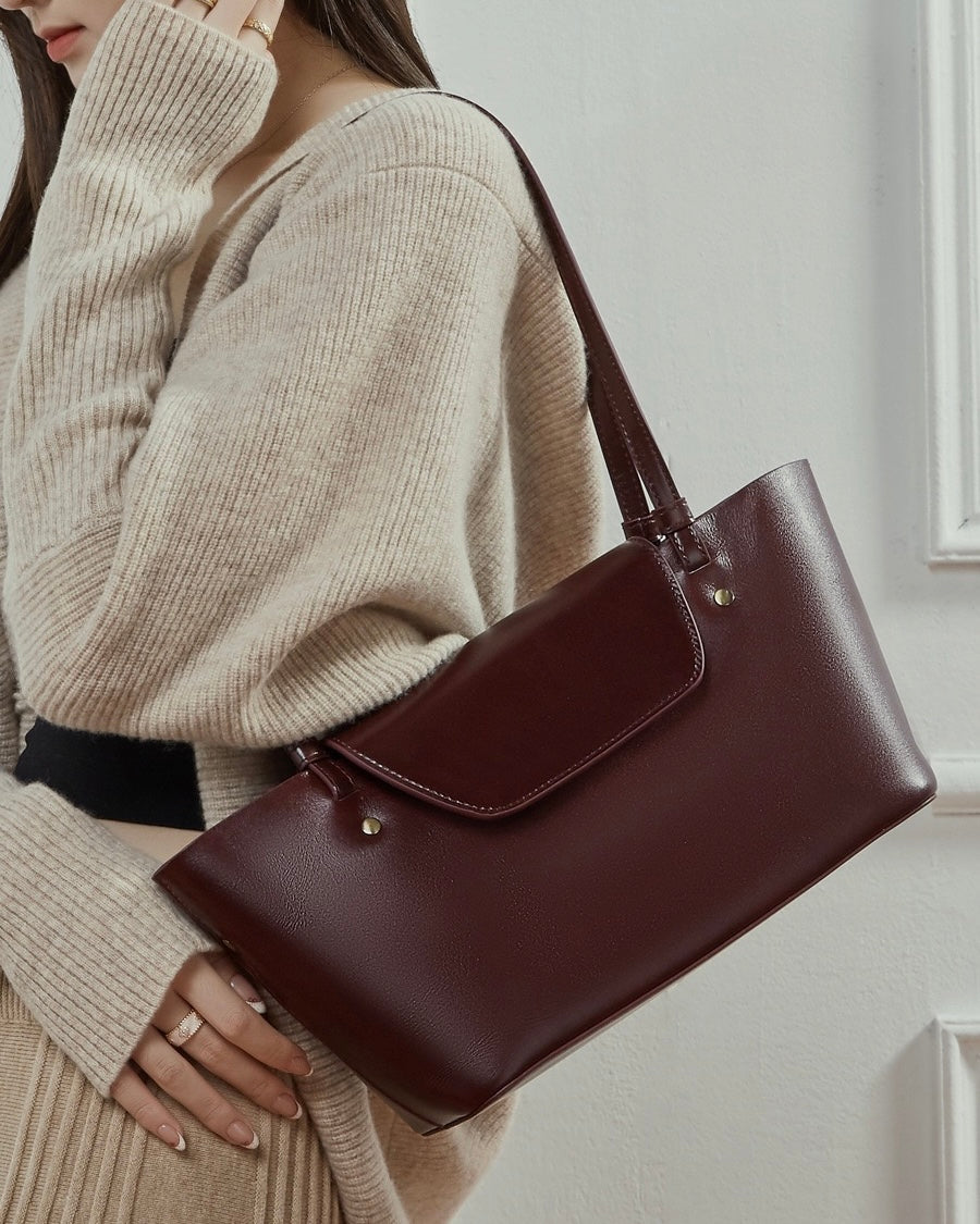 Women's Genuine Leather Flap Shoulder Tote with Dual Straps