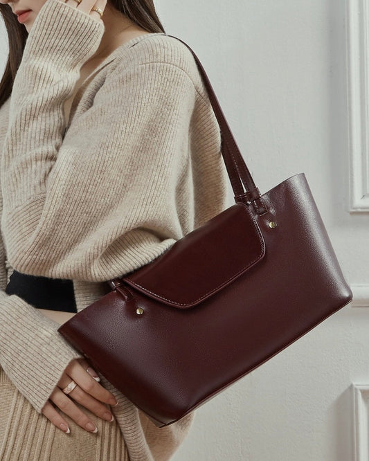 Women's Genuine Leather Flap Shoulder Tote with Dual Straps