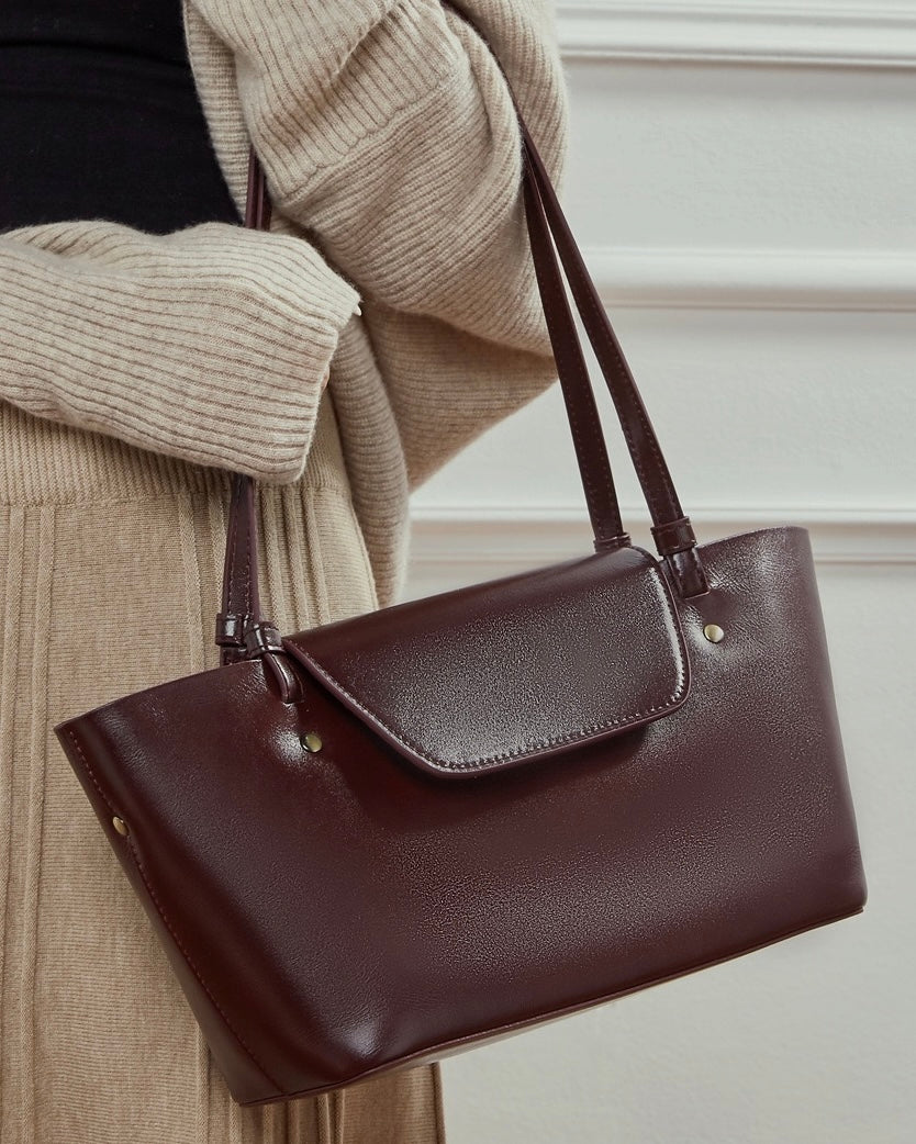Women's Genuine Leather Flap Shoulder Tote with Dual Straps