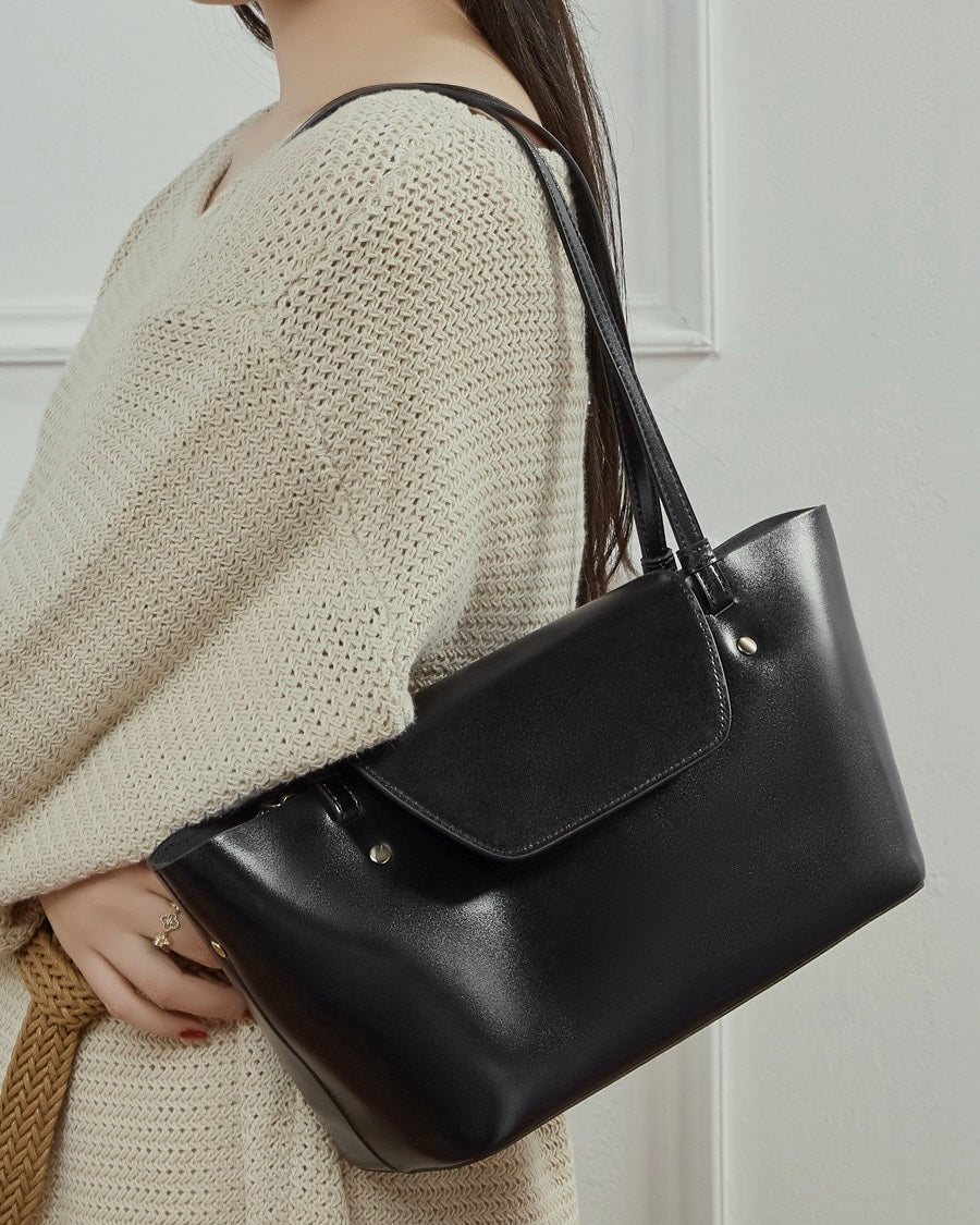 Women's Genuine Leather Flap Shoulder Tote with Dual Straps