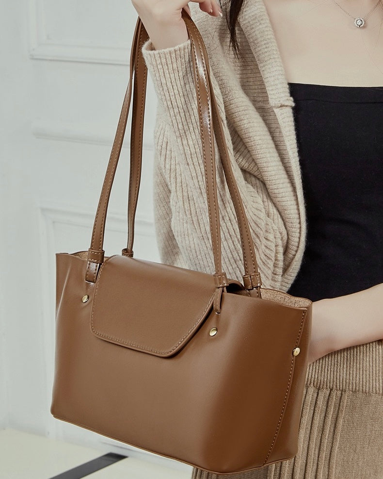 Women's Genuine Leather Flap Shoulder Tote with Dual Straps