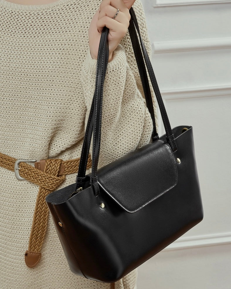 Women's Genuine Leather Flap Shoulder Tote with Dual Straps