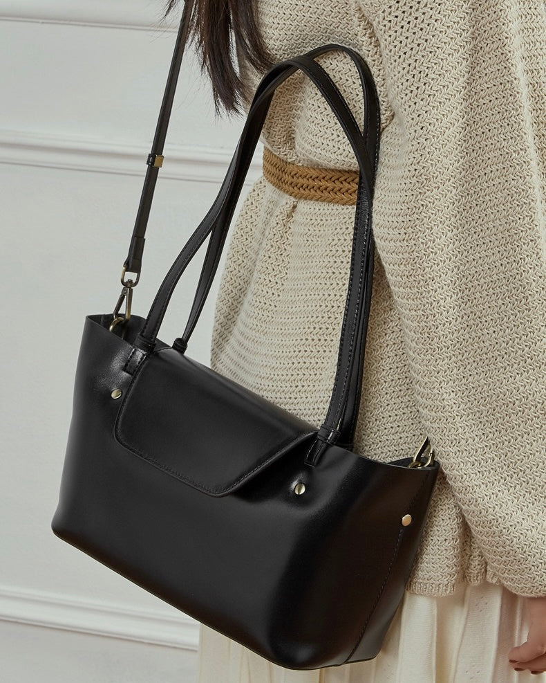 Women's Genuine Leather Flap Shoulder Tote with Dual Straps