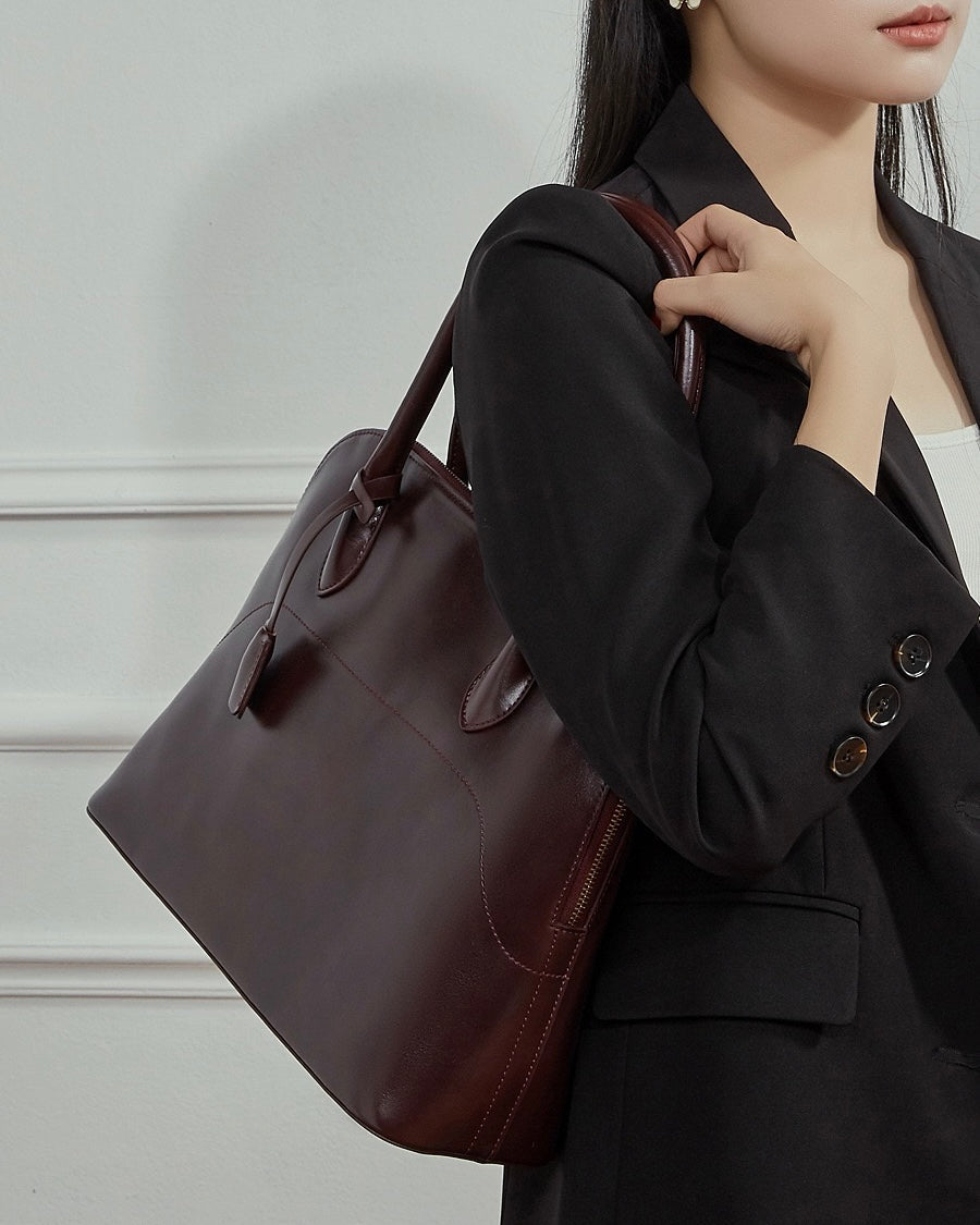Women's Genuine Leather Dome Satchel with Tassel Detail