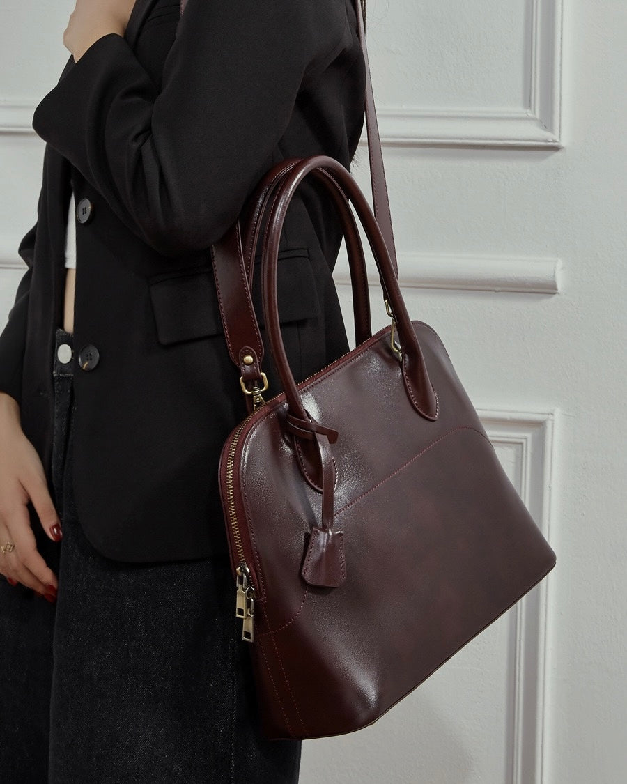 Women's Genuine Leather Dome Satchel with Tassel Detail