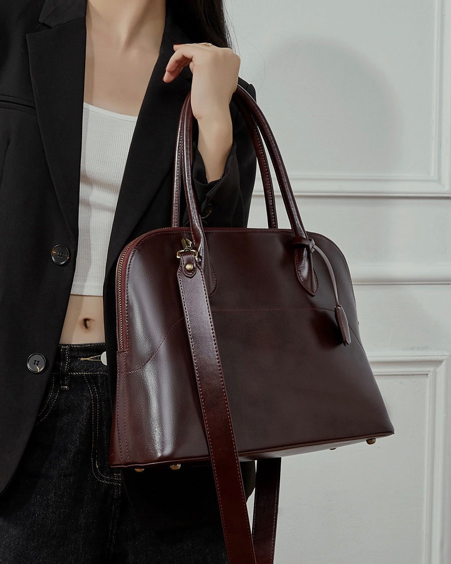 Women's Genuine Leather Dome Satchel with Tassel Detail