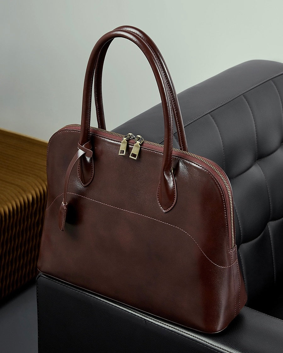 Women's Genuine Leather Dome Satchel with Tassel Detail