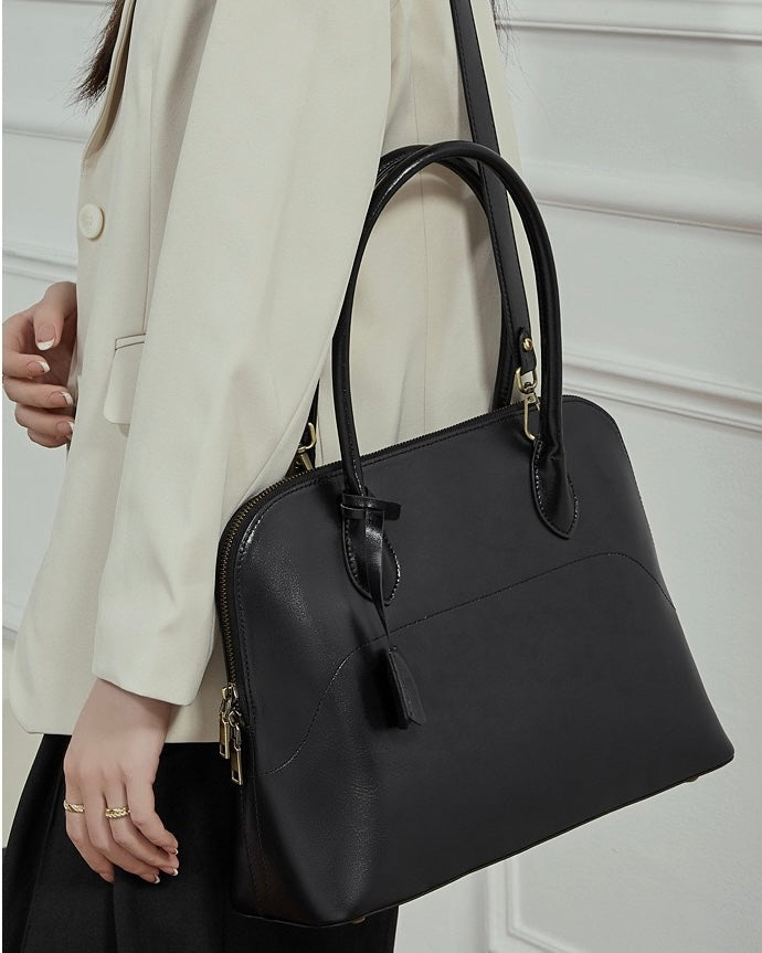 Women's Genuine Leather Dome Satchel with Tassel Detail