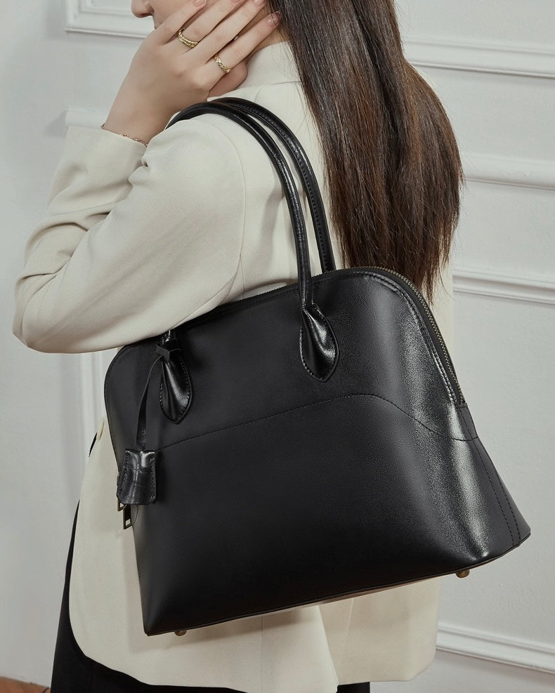 Women's Genuine Leather Dome Satchel with Tassel Detail
