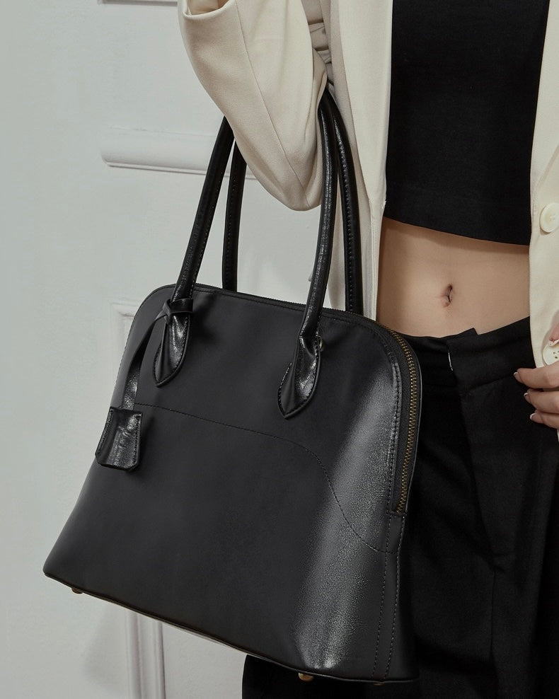 Women's Genuine Leather Dome Satchel with Tassel Detail