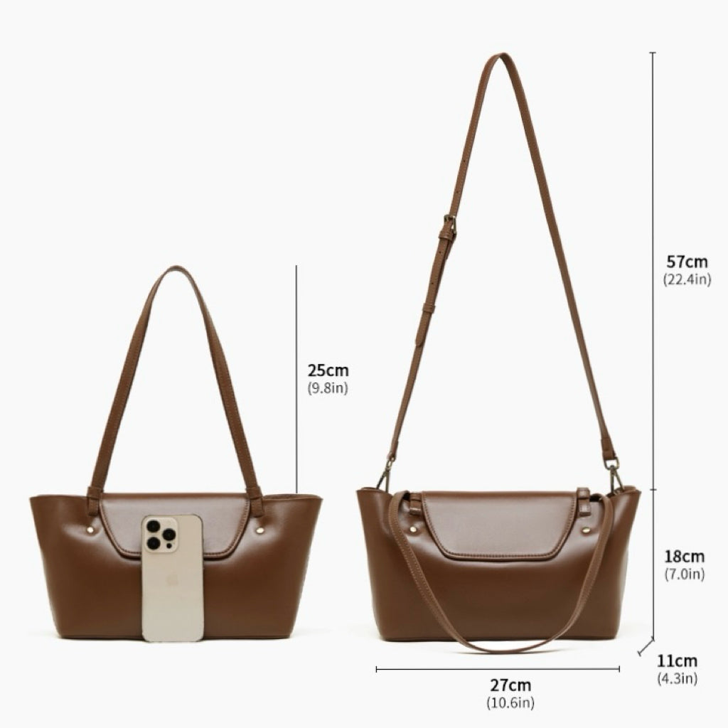 Women's Genuine Leather Flap Shoulder Tote with Dual Straps