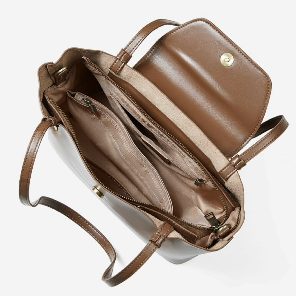 Women's Genuine Leather Flap Shoulder Tote with Dual Straps