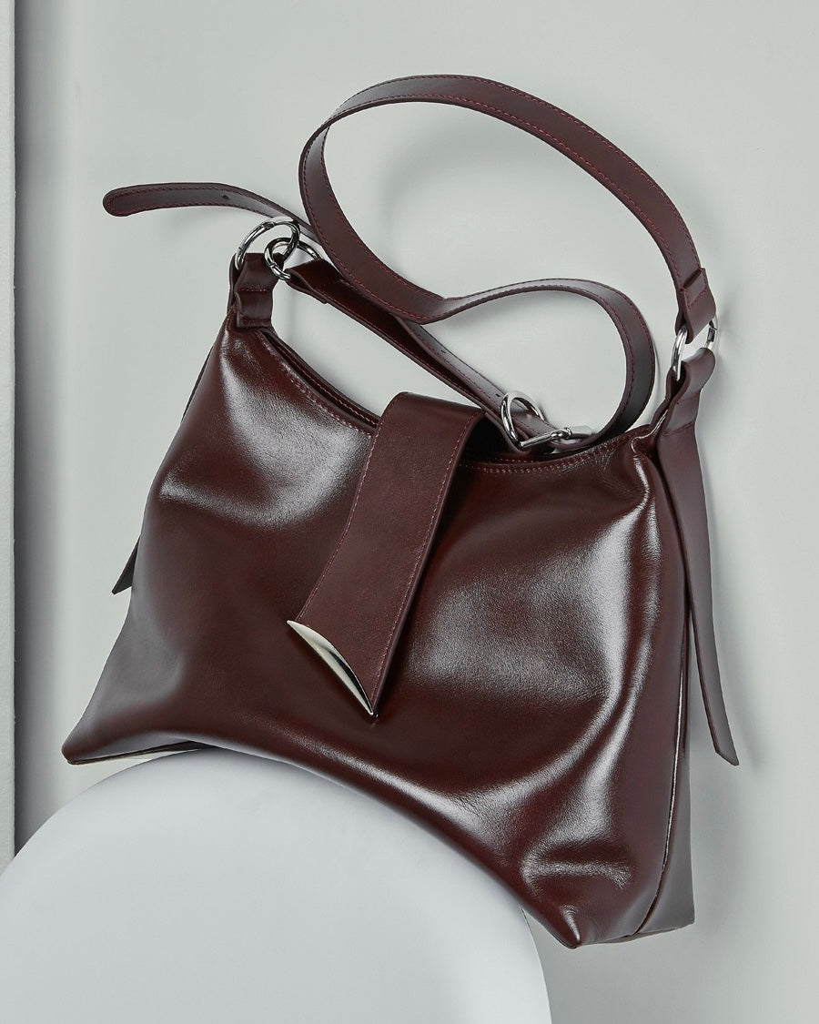 Women's Genuine Leather Hobo Shoulder Bag with Metal Detail