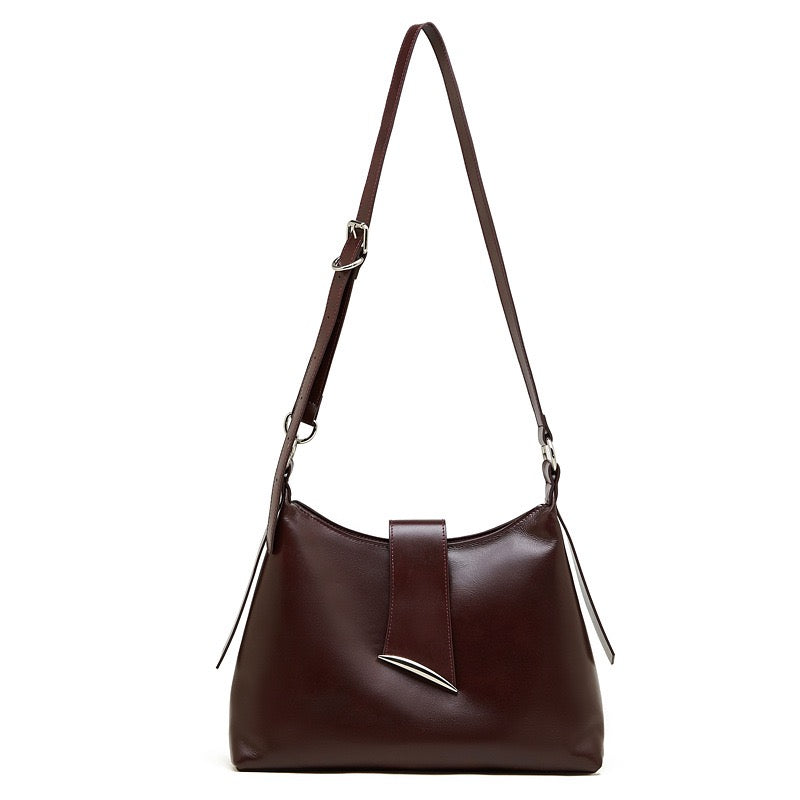 Women's Genuine Leather Hobo Shoulder Bag with Metal Detail