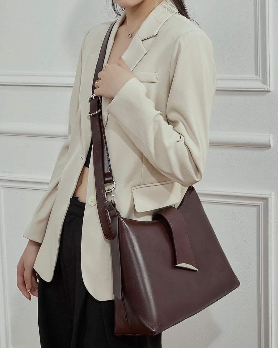Women's Genuine Leather Hobo Shoulder Bag with Metal Detail