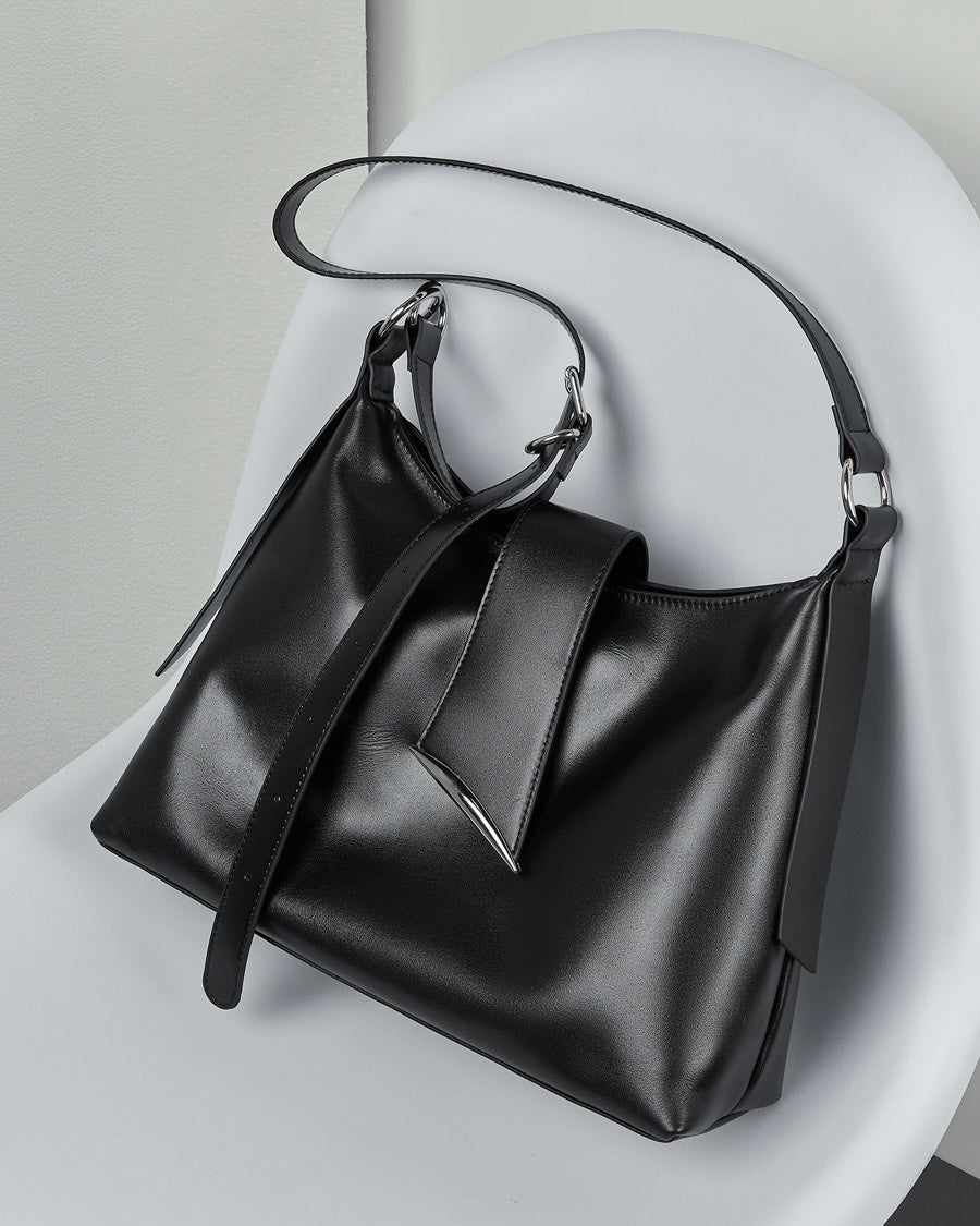 Women's Genuine Leather Hobo Shoulder Bag with Metal Detail