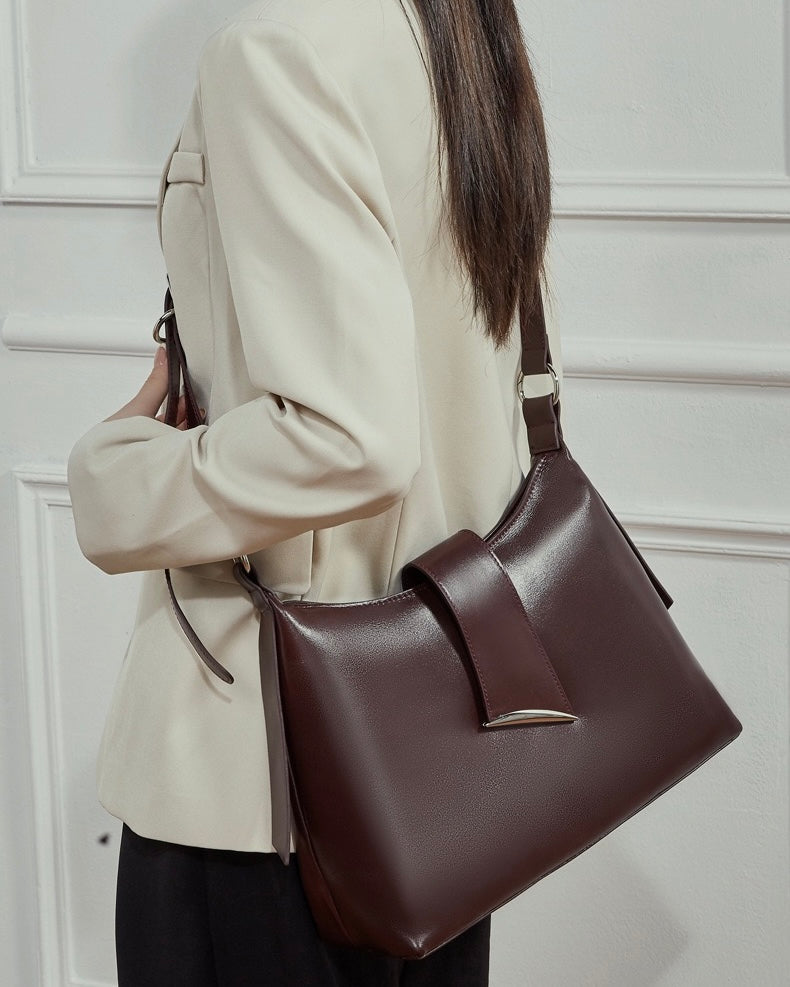 Women's Genuine Leather Hobo Shoulder Bag with Metal Detail