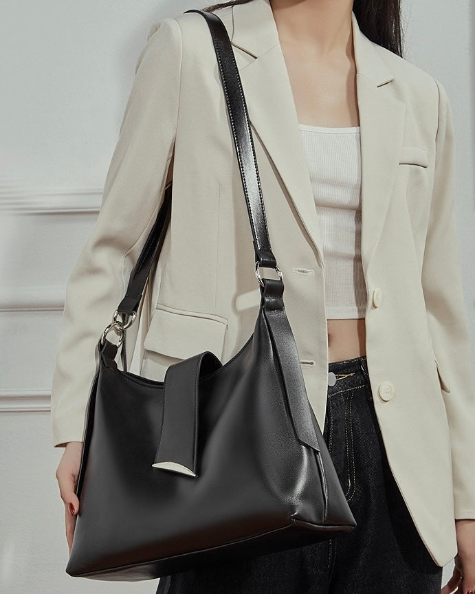Women's Genuine Leather Hobo Shoulder Bag with Metal Detail