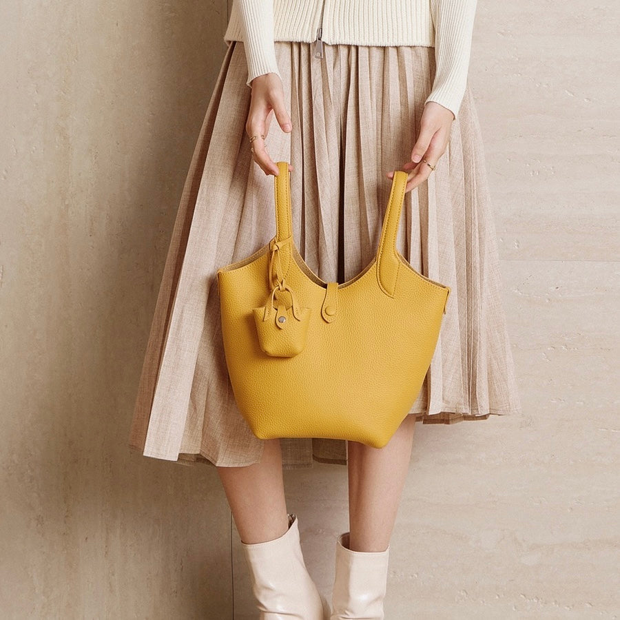 Women's Genuine Leather Pebbled Bucket Bag with Mini Pouch