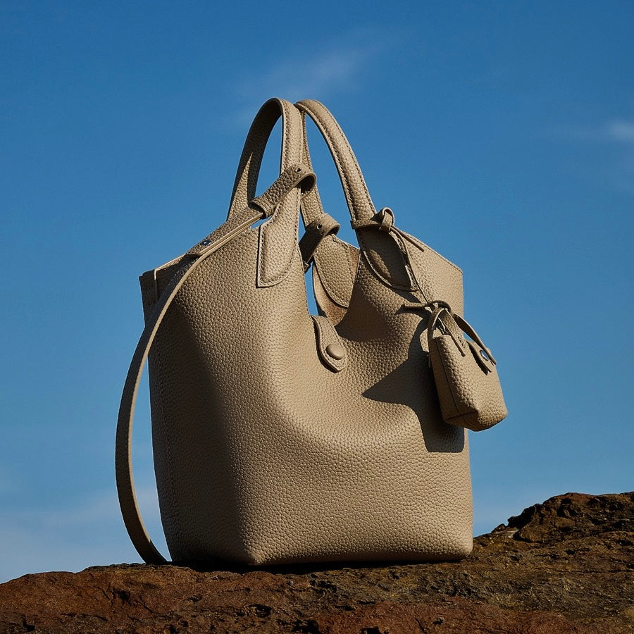 Women's Genuine Leather Pebbled Bucket Bag with Mini Pouch