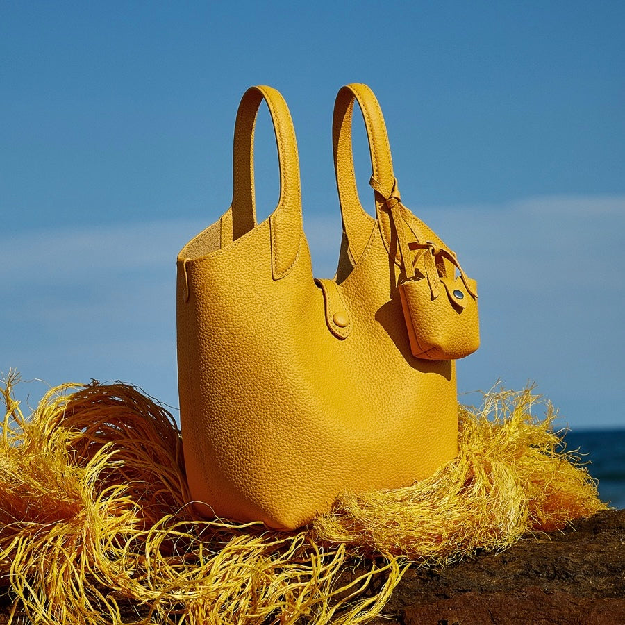 Women's Genuine Leather Pebbled Bucket Bag with Mini Pouch