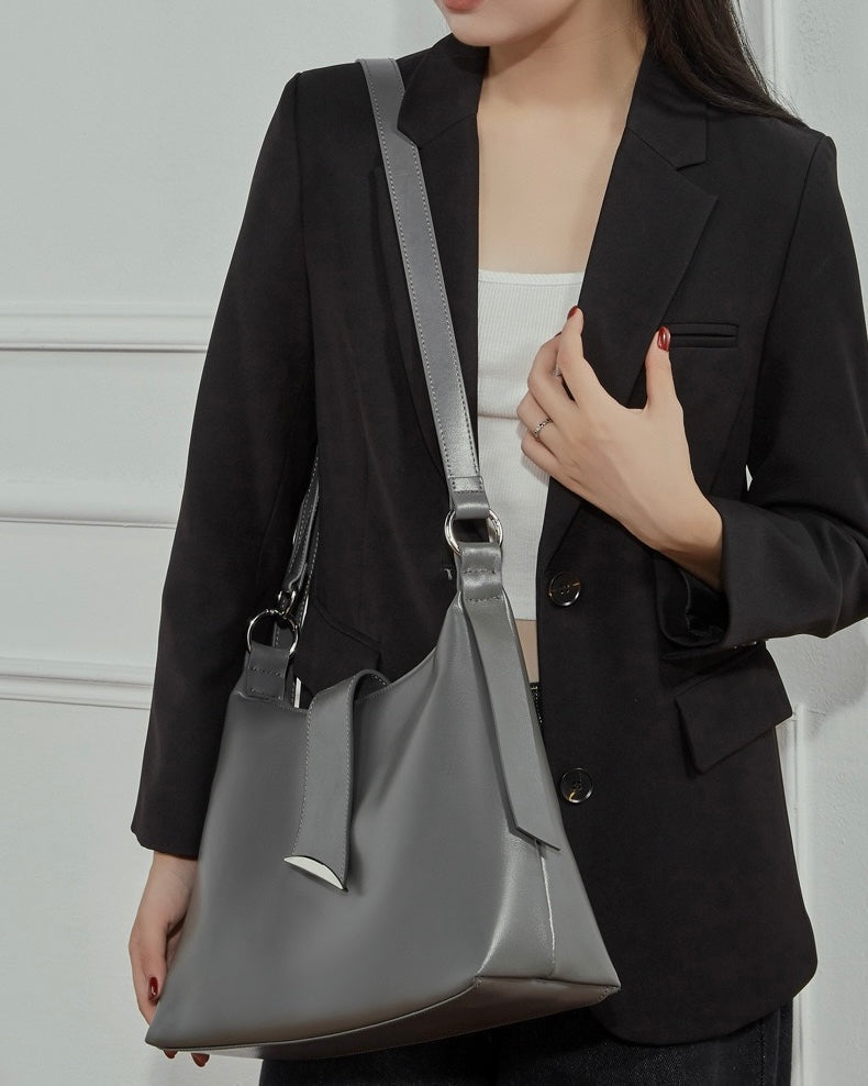Women's Genuine Leather Hobo Shoulder Bag with Metal Detail