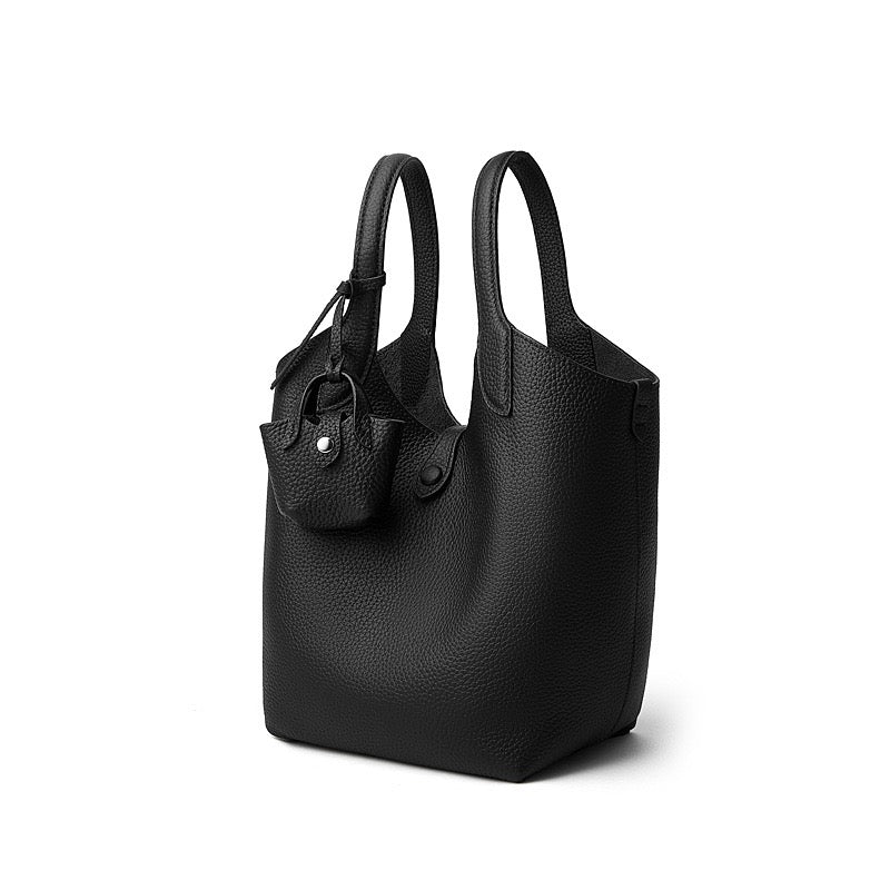 Women's Genuine Leather Pebbled Bucket Bag with Mini Pouch