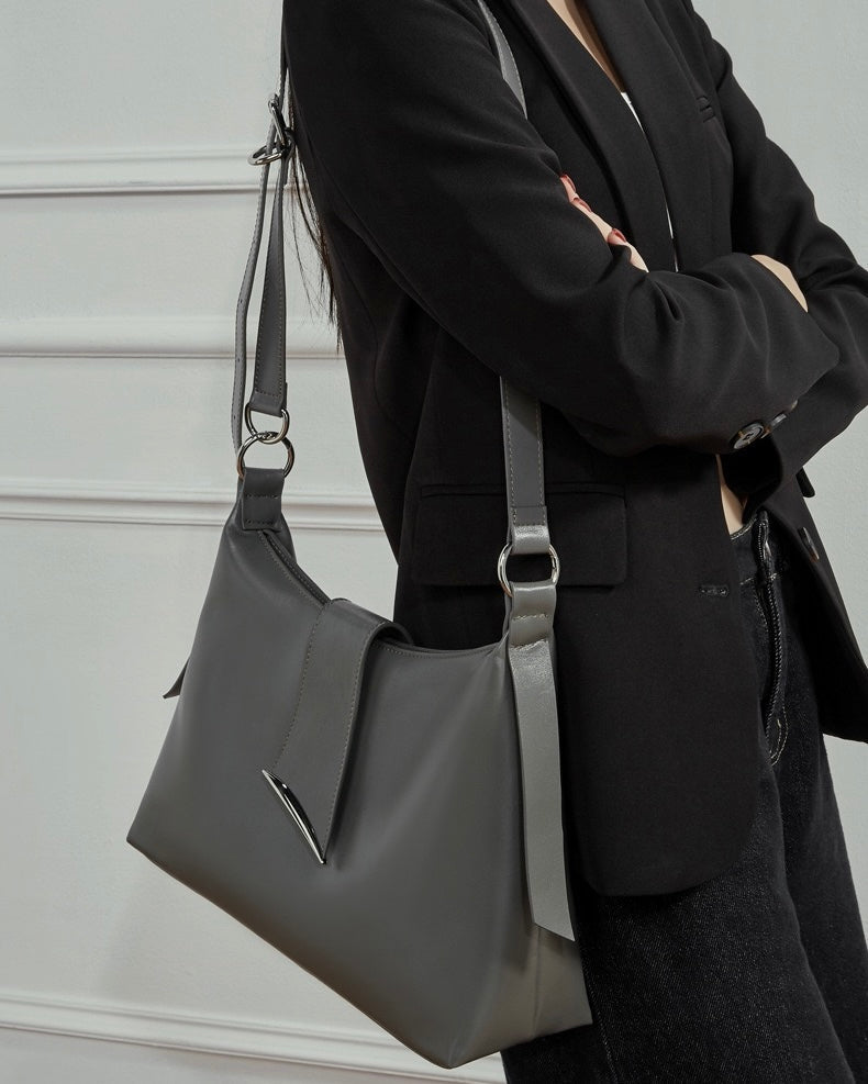 Women's Genuine Leather Hobo Shoulder Bag with Metal Detail