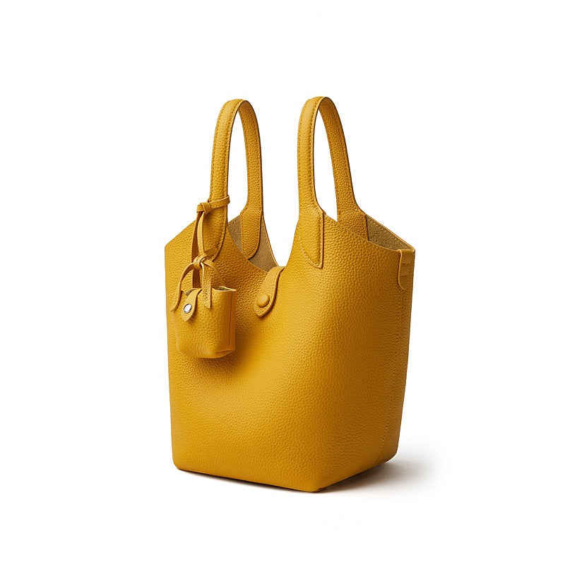 Women's Genuine Leather Pebbled Bucket Bag with Mini Pouch