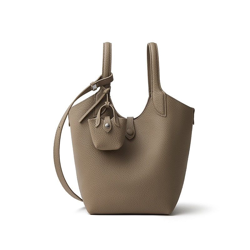 Women's Genuine Leather Pebbled Bucket Bag with Mini Pouch