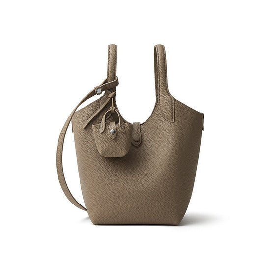 Women's Genuine Leather Pebbled Bucket Bag with Mini Pouch