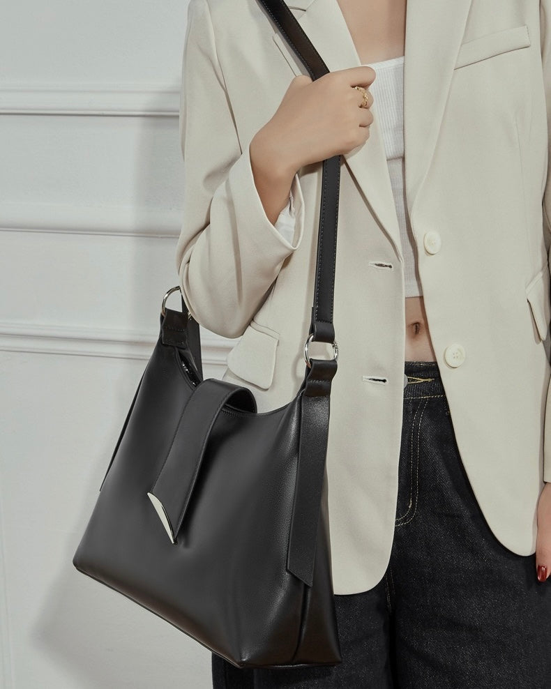 Women's Genuine Leather Hobo Shoulder Bag with Metal Detail