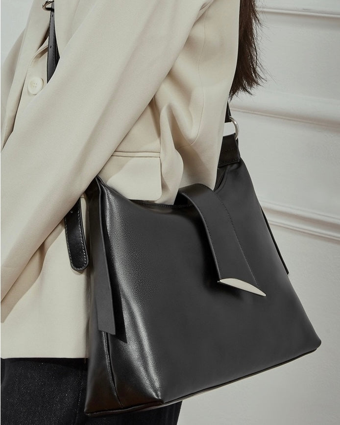 Women's Genuine Leather Hobo Shoulder Bag with Metal Detail
