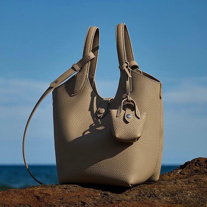 Women's Genuine Leather Pebbled Bucket Bag with Mini Pouch