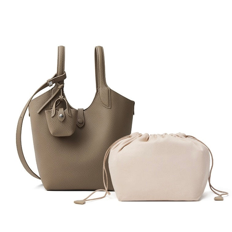 Women's Genuine Leather Pebbled Bucket Bag with Mini Pouch