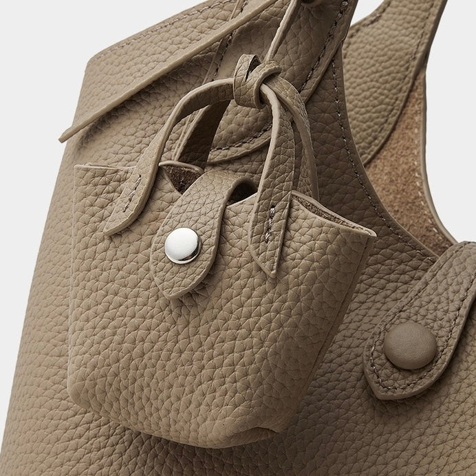 Women's Genuine Leather Pebbled Bucket Bag with Mini Pouch