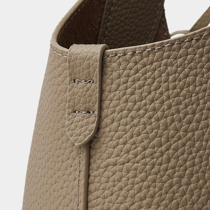 Women's Genuine Leather Pebbled Bucket Bag with Mini Pouch