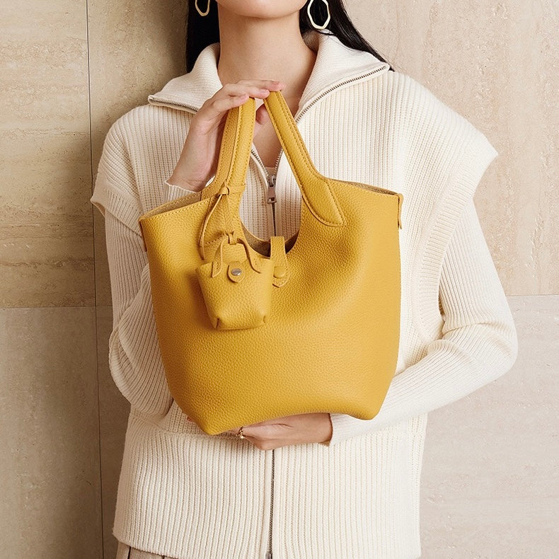 Women's Genuine Leather Pebbled Bucket Bag with Mini Pouch
