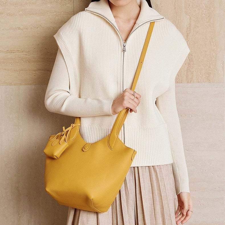 Women's Genuine Leather Pebbled Bucket Bag with Mini Pouch