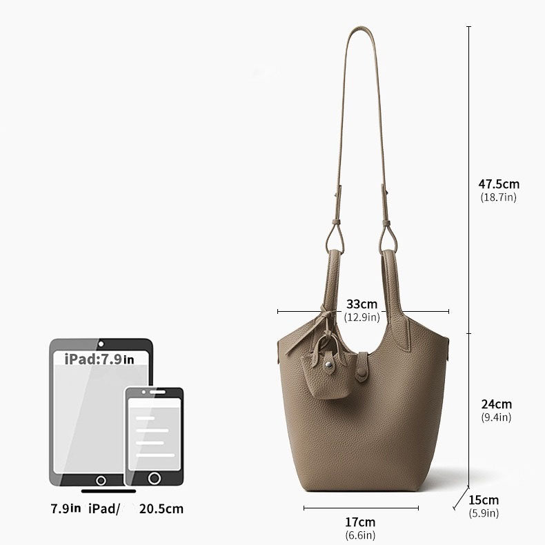 Women's Genuine Leather Pebbled Bucket Bag with Mini Pouch