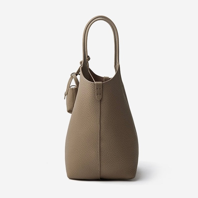 Women's Genuine Leather Pebbled Bucket Bag with Mini Pouch