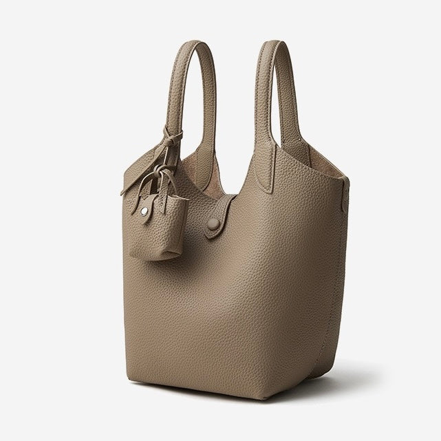 Women's Genuine Leather Pebbled Bucket Bag with Mini Pouch
