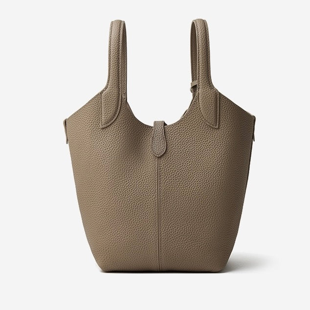 Women's Genuine Leather Pebbled Bucket Bag with Mini Pouch