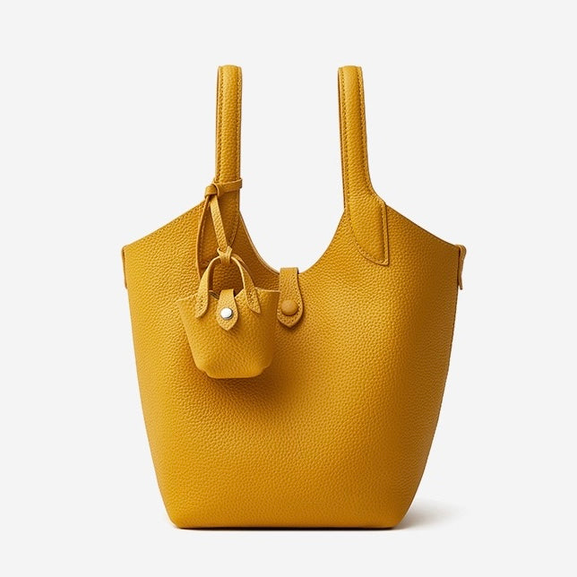 Women's Genuine Leather Pebbled Bucket Bag with Mini Pouch
