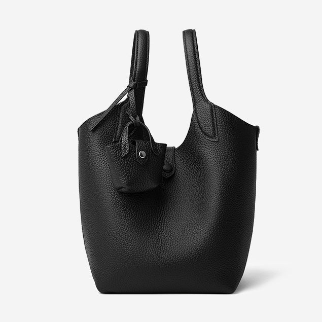 Women's Genuine Leather Pebbled Bucket Bag with Mini Pouch